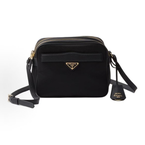 PRADA women\'s black crossbody single-shoulder bag with an enamel metal triangular logo on the front